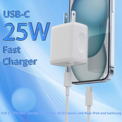 USB C Charger Type C Fast Charging 2 Pack 25W Chargers Block with 2 Pack 6FT USB C to C Cable for iPhone 15 16 Pro Max/iPad/Samsung Series and More