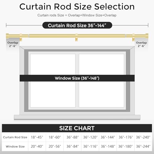 Gold Curtain Rods for Windows 72 to 144 Inch(6-12 Feet),1" Diameter Rods with Modern Style End Cap Finials,Size:36-144 Inch