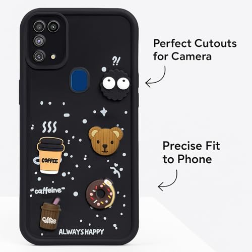 Image of COLORflow Back Cover Compatible with Samsung Galaxy M31 / F41 / M31 Prime | Cute Fun Cartoon 3D Ball Coffee Silicone Case (Black) | Designer Camera and Body Protected Back Cover