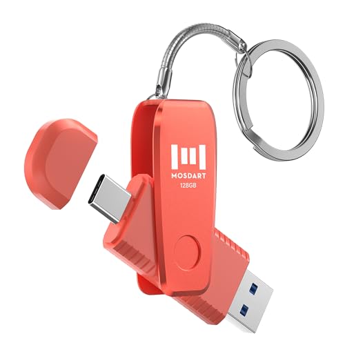 Image of MOSDART 128GB USB C and A 3.1 Dual Flash Drive with Keychain, Orange | Fits Android Phones, iPhone 15, 16, 17, Macbook, iPad, For Photos and Videos, USB-C Port Protection, Phone Case Friendly
