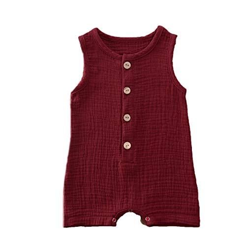 Unisex Baby Girls Boys One Piece Romper Sleeveless Button Bodysuit Jumpsuit Shorts Pajams Clothes Set 0-24M (Wine Red, 0-6M)