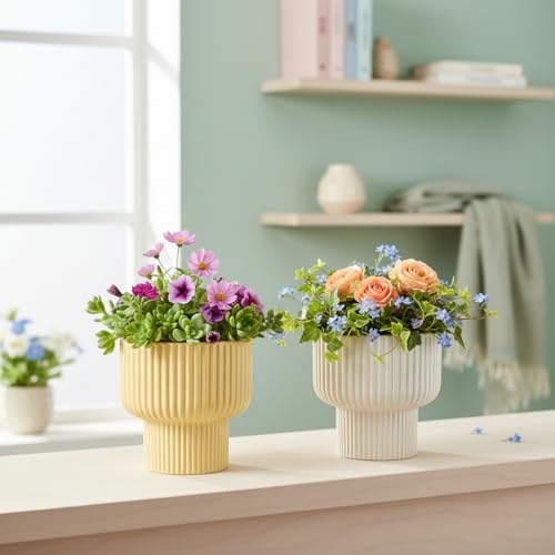 Image of Xtore Chic Ribbed Ceramic Planter Set for Indoor Plants | Modern Decorative Flower Pots for Living Room, Office Desk, Shelf & Tabletop Greenery (Set of 2, Planters only)