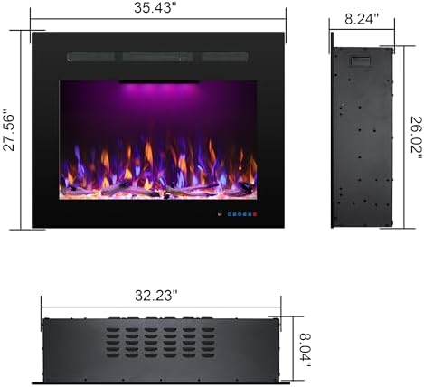 Electric Fireplace Inserts with 3 Flame & Top Light, Recessed Fireplace Heater, Thermostat, 750/1500W, Crackling Sound, Logs & Crystals, Timer, 32.2" W x 26" H Rear, No Wall Mount - Thumbnail 3