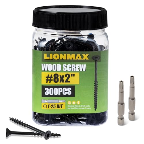 Image of LIONMAX Deck Screws 2 Inch, Wood Screws #8 x 2, 300 PCS, Rust Resistant, Exterior Epoxy Coated, Outdoor Decking Screws, Torx /Star Drive Head Screw, T25 Star Bit Included, Black