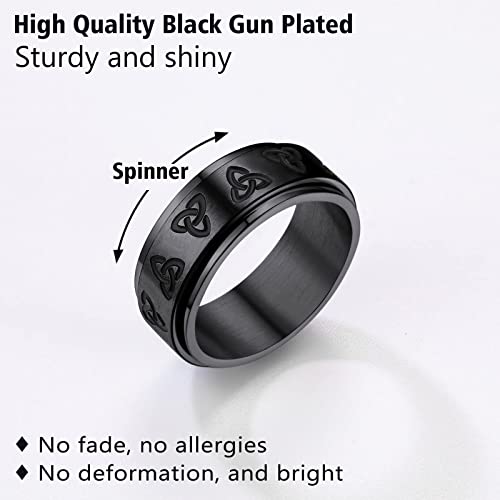 Black Fidget Rings for Men Titanium Size9 Triquetra Trinity Celtic Knot Interlocking Pattern Spinner Ring Rotation Anxiety Band Ring Irish Eternity Jewelry