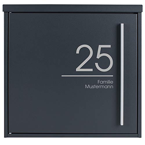 MOCAVI Box 101Nb Briefkasten personalisiert anthrazit (RAL 7016), rostfrei, wetterfest, groß, modern, Postkasten mit Hausnummer & Name, DIN A4, deutsche Qualität, matt, Postbox individuell beschriftet