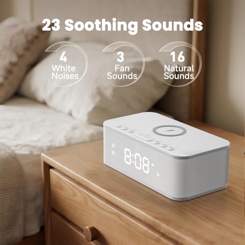 Image of Digital Alarm Clock White Noise, Loud Digital Alarm Clocks Bedrooms, Alarm Clock Speaker Wireless Charger AUX USB Bluetooth Speaker 12 /24H Dual Alarm Snooze Adjustable Brightness, White