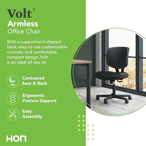 Image of HON Volt Ergonomic Office Chair with Bonded Leather Seat and Back, Armless Desk and Computer Chair with Adjustable Center‑Tilt Recline and Wheels for Home Office or Workstation, Black