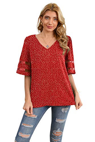 Jouica Women Chiffon T-Shirt Blouse Scoop Neck 3/4 Sleeve Casual Top,Flower Wine Red,Small #TOP2