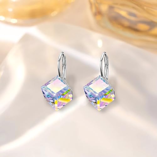 AOBOCO Sterling Silver Leverback Earrings Embellished with Crystals from Austria, Hypoallergenic 8mm Cube Crystal Square Earrings, Fine Anniversary Birthday Jewelry Gifts for Women4