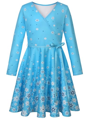 Girls' V Neck Dress Floral Printed A-line Swing Casual Party Dress with Belt for 6-14 Years2