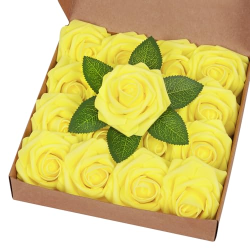 BLEUM CADE 16Pcs Artificial Flowers Fake Roses with Stems, Yellow