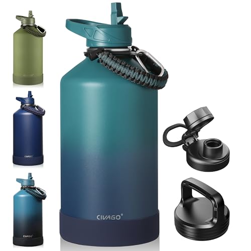 Image of CIVAGO Gallon Insulated Water Bottle Jug with Straw, 128 oz Large Stainless Steel Water Flask, Big Metal Thermal Mug with 3 Lids for Sports, Travel, Gym, and Camping, Deep Cyan