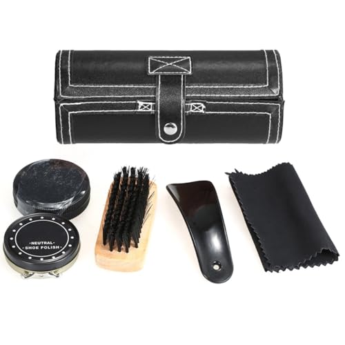 Criprix HeyNana - Kit de Limpieza de Zapatos de Lujo con Estuche de Cuero Negro, 5 Piezas, Incluye Cepillo, Paño y Crema para Calzado Dentro de una Bolsa de terciopelo con cordón