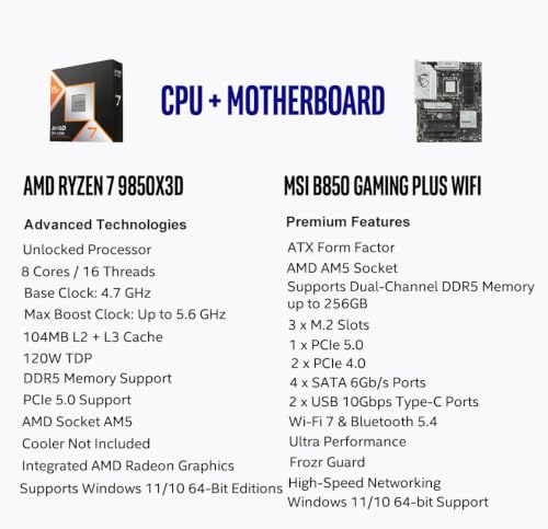 Image of MICRO CENTER AMD 9850X3D Processor with MSI B850 Gaming Plus WF Motherboard | CPU Motherboard Combo, AMD Ryzen 7 9850X3D CPU Processor, AM5, DDR5, PCIe 5.0, Ready for AI PC