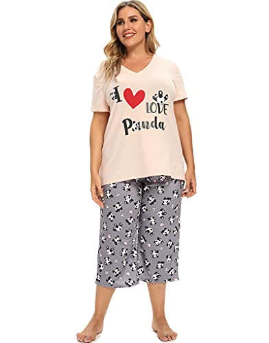 Image of Vozanet Women's Pajamas Set Soft V Neck Sleepwear Top and Capri Pj Lounge Sets Cartoon Heart Shape Cat Nighty Plus Size
