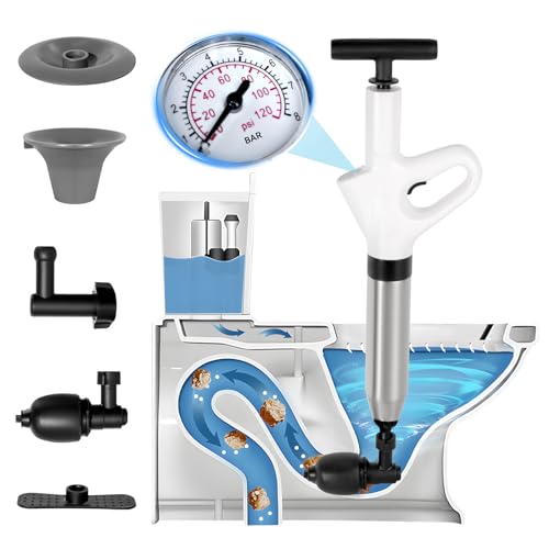 Image of High Pressure Toilet Plunger - Stainless Steel Air Drain Blaster with Visual Barometer - Powerful Clog Remover for Toilets, Bathrooms, Floor Drains, Kitchen Pipes