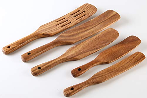 5 Pcs Wooden Spurtles Set For Cooking, Nayahose Natural Teak Wood Slotted Spurtles For Stirring, Mixing, Serving, Non-Stick Heat-Resistant Kitchen Utensils Tools #TOP2
