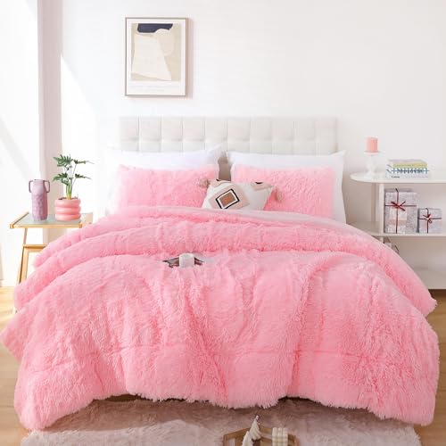 Smoofy Fluffy Twin Comforter Set, Faux Fur Comforter Set Pink, Luxury Fuzzy Twin Bedding Set Pink, Soft Shaggy Bed Set for All Season, 2 Pieces - 1 Comforter & 1 Pillowcase
