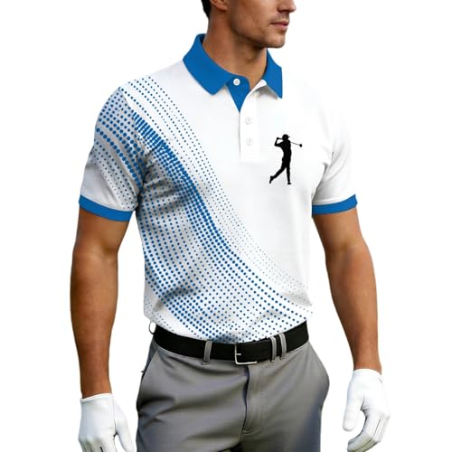 BIBOKAOKE Polo de golf para hombre con manga corta y cuello – Camiseta deportiva transpirable con diseño de golfista y estampado azul | Cómoda camisa de ocio para golf negocios verano, Estilo#y01 Azul