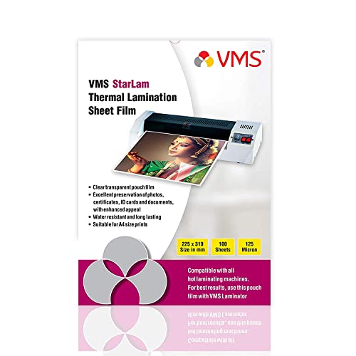 Image of VMS Starlam Thermal A4 Lamination Pouch Sheets 225mmx310mm 125 Micron 100 Laminating Sheets for Certificate and Documents