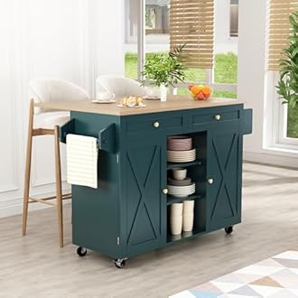 HLR Kitchen Island On Wheels, Dark Green Rolling Kitchen Islands Cart with Drop Leaf Countertop, Barn Door Kitchen Island with Storage Cabinet and Tower Rack, Island Table for Kitchen