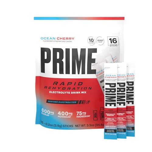 Prime Rapid Rehydration Electrolyte Powder Sticks Ocean Cherry Sugar Free Hydration Drink Mix with Sodium Potassium Magnesium & B Vitamins to Replenish Fluids Caffeine Free 16 Count