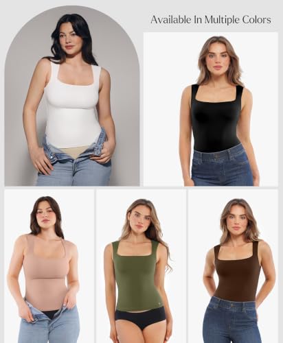 Image of Popilush Tank Tops for Women Square Neck Shapewear Tummy Control Shirts Sleeveless Basic Double Lined Going Out Top