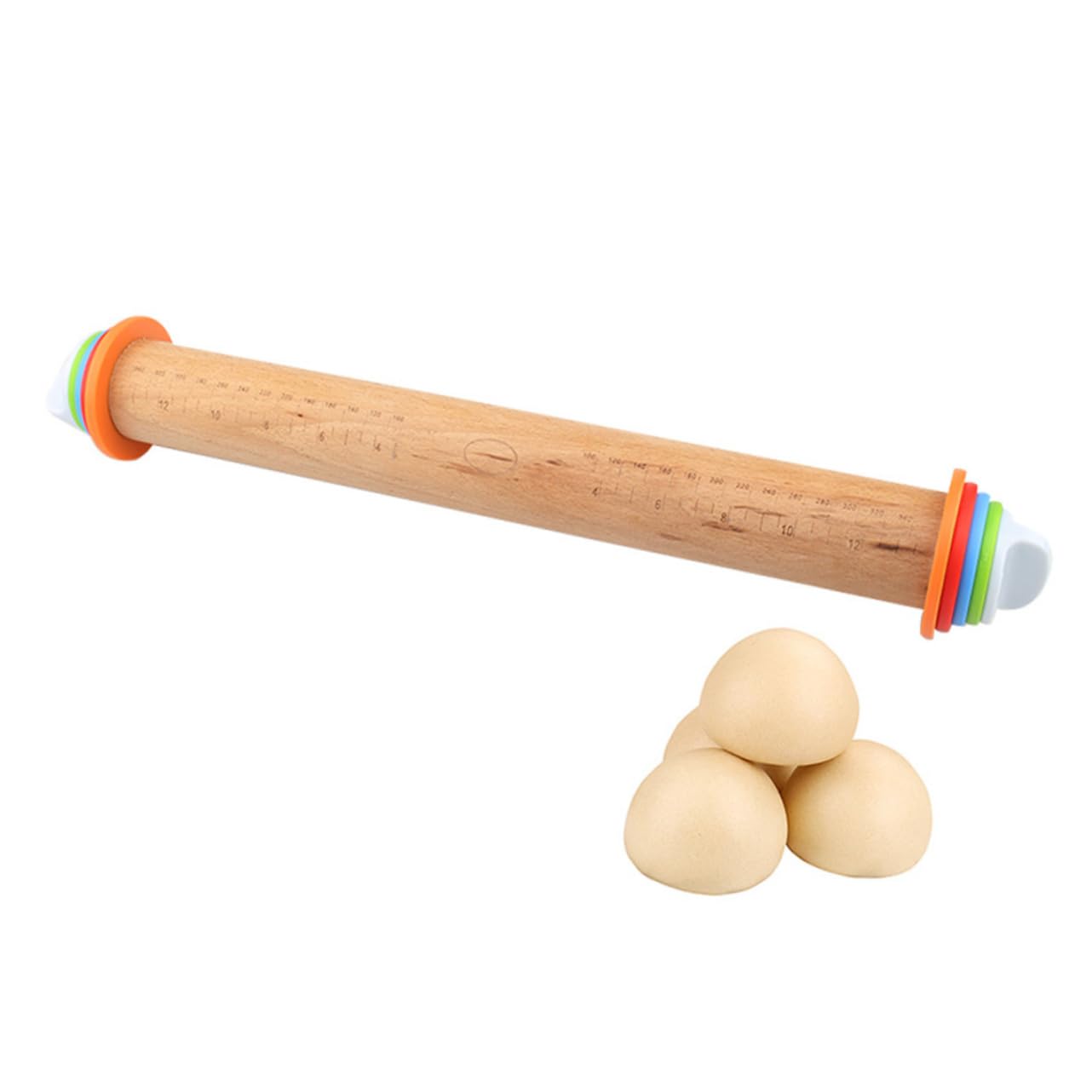 Rodillo de Amasar de Madera de Haya con Escala y Discos Ajustables, Mango Seguro y Antiadherente Adecuado para Pizza y Pasteles en Cocina