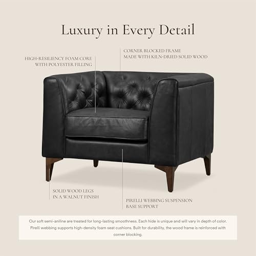 Image of POLY & BARK Essex 40 inch Lounge Chairs Set of 2 - Onyx Black Semi-Aniline Italian Leather, Tufted Back & Arms, Feather-Down Cushioning, Walnut Wood Legs