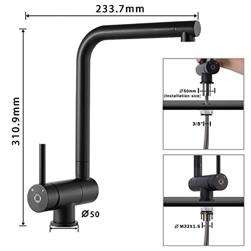 Robinet Cuisine Noir, CECIPA Mitigeur Cuisine Rabattable Sous Fenêtre, Robinet de Cuisine avec Haut Bec Pivotant à 360°et Démarrage à Froid, Mitigeur Evier Cuisine en Acier Inoxydable, Forme de L