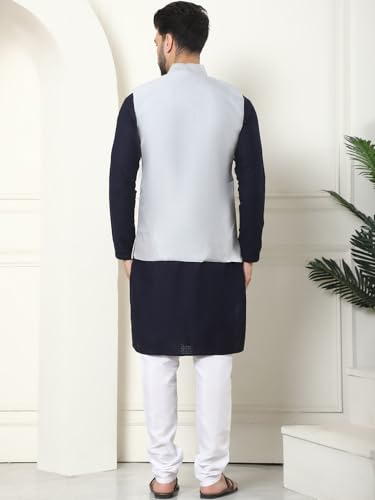 Image of SOJANYA (Since 1958 Men's Cotton Linen Maroon Kurta and White Pyjama with Mustard Cotton Nehru Jacket