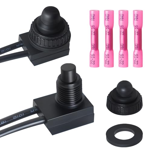 GEPHYNM 2PCS Waterproof Switch 12v ON/Off SPST Waterproof Push Button Switch with 4.6 inch Lines for Auto Motorcycle RV ATV and Boat (Black) KP-107