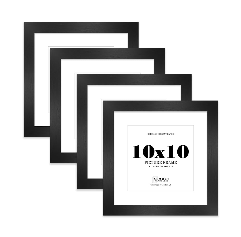 10x10" Black Square Frame With Mount for 8x8" Pictures 28mm Edge Frame Display with Wall Hooks and Kickstand, 4 Pack