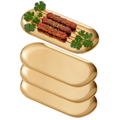 Assiettes Apéritifs délicate,ovale,plates en acier inoxydable, 21x9cm, set de 4,Or, adaptée aux entrées, desserts, gâteaux, salades