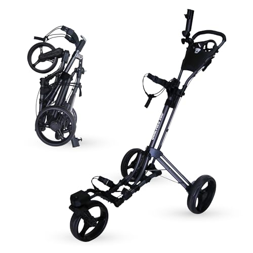 Qwik-Fold 360 Swivel 3 Wheel Push Pull Golf CART - 360* Rotating Front Wheel - ONE Second to Open & Close! (Charcoal/Black)