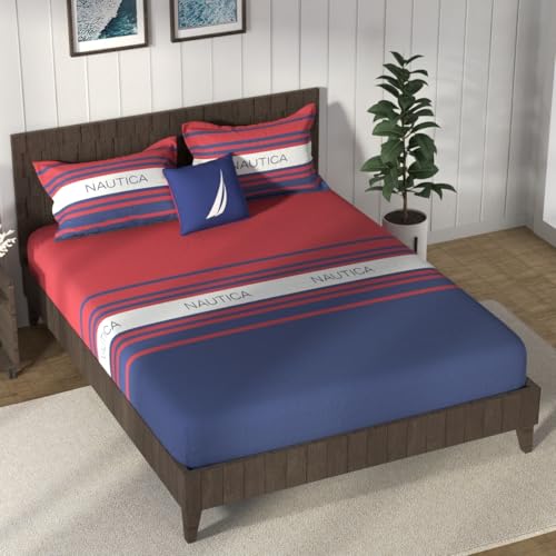 Image of NAUTICA Cotton King Bedsheet with 2 Pillow Covers -3pc Set (noridge) | 160TC | Super Soft Touch Stripe-red /Blue