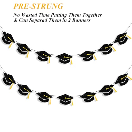 Image of Graduation Decorations Class of 2026 Black Grad Banner Glitter Pre-strung Graduation Cap Banner for 2026 Congrats Grad Decor Party Supplies