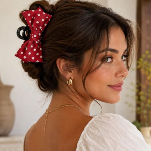 Image of Young & Forever Oversized Polka Dot Bow Hair Claw Clip for Women & Girls - Stylish Red & White French Barrette Hair Accessory for Long & Thick Hair - Elegant Retro Party & Casual Hair Clip