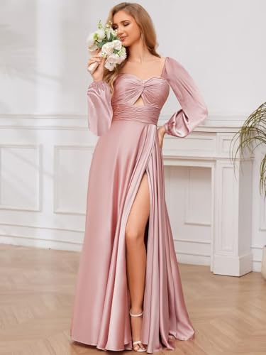 VCCICANY Long Sleeve Bridesmaid Dresses for Women Satin Sweetheart Ruched Long Formal Dresses Evening Gown with Slit4