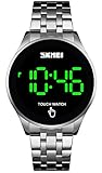 PASOY Touch Screen Digital LED Watch Green Highlight Backlight Stainless Steel WatchBand Waterproof Casual Sport Mens Womens Boys Watch (Silver)