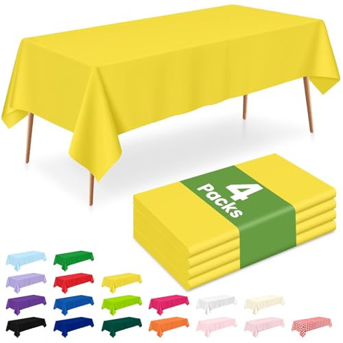 Image of LANLISA 4 Pack Yellow Plastic Table Cloths Disposable, 54 x 108 Inch Rectangle Tablecloth, Easter Party, Decorative Tablecloths Lemon Plastic Cover