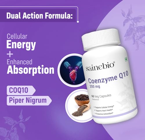 Image of Sainebio Coenzyme Q10 200 mg - High Absorption CoQ10 Supplement - Natural Energy Support - Heart & Cellular Health - 60 Capsules - Pack of 2