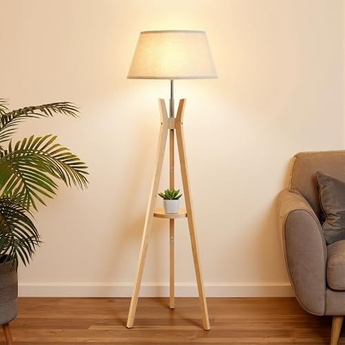 Image of Tripod Floor Lamp with Shelf, Modern Corner Lamp for Living Room | Mid Century, 59'' Tall, Bamboo Standing Lamp for Bedroom, for Office, Linen Shade, E26 Base, Natural