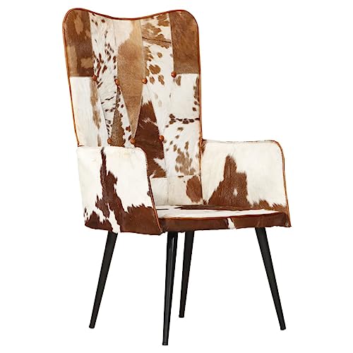 vidaXL Sillón Orejero Sofá con Botones Asiento Acolchado Butaca Silla de Ocio Salón Sala de Estar Dormitorio de Pelo Cuero Auténtico Marrón y Blanco