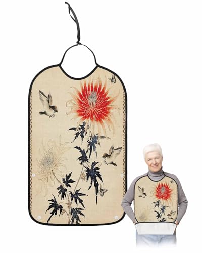 LEOKOTI Vintage Red Spring Floral Adult Bibs for Eating, Waterproof Bibs with Food Catcher & Adjustable Snap Closure, Summer Botanical Birds Retro Washable Clothing Protectors Adult Bibs for Elderly