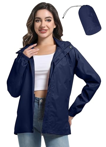 ATLASLAVA Regenjacke Damen Dünne Faltbar Fahrradjacke Wasserdicht Leicht Outdoorjacke mit Kapuze Fahrrad Wandern Dunkel Blau S
