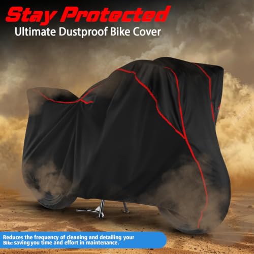 Image of AutoRox Water Resistant Bike Body Cover Compatible with Royal Enfield Hunter 350 BS6 | Bike Accessories | Motorcycle Cover | Two Wheeler Cover - Red Piping(Black)