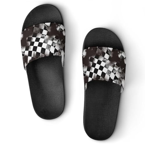 Grungy Style Black Checkered PVC Slippers Sandals for Women Men Open Toe Soft Cushioned Non-Slip Sandal for Indoor Outdoor