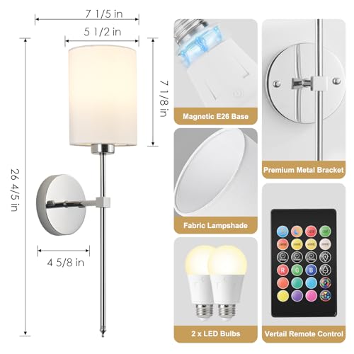 Image of Battery Operated Wall Sconce Set of Two,Wireless Rechargeable Wall Light With Remote Control, Dimmable, 1800K /3000K /4000K /6000K /RGB, Timer, for Living Room, Bedroom, Fireplace, TV, 26.8 Inch, Chrome